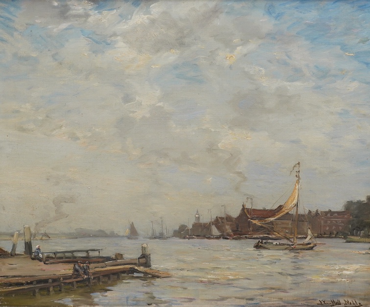 James Campbell Noble RSA (1846-1913), oil on canvas, Estuary scene with boats, signed, 50 x 60cm. Condition - fair, minor damage to the canvas, would benefit from a clean